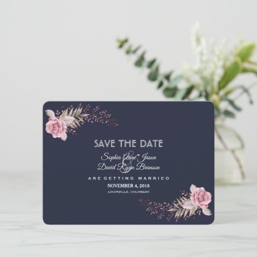 Charm Navy Blue Maroon Boho Floral Save the Date (Stehend Vorderseite)