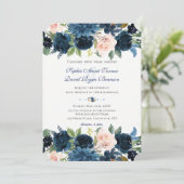 Charm Navy Blush Bloral Bloom Hochzeit Einladung (Stehend Vorderseite)
