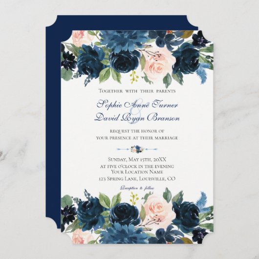 Charm Navy Blush Bloral Bloom Hochzeit Einladung (Vorne/Hinten)