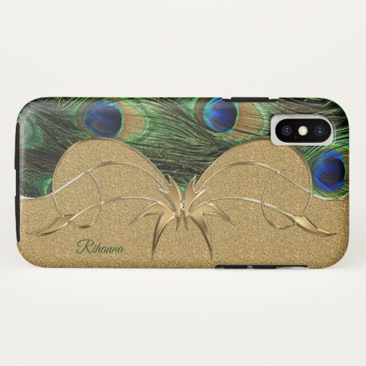 Charm Peacock Feathers Golden Custom Monogram Case-Mate iPhone Hülle (Rückseite (Horizontal))
