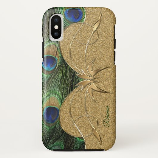 Charm Peacock Feathers Golden Custom Monogram Case-Mate iPhone Hülle (Rückseite)