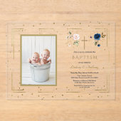 Charm Pink Blue Floral Twins Foto Taufe Acryleinladungen (Vorderseite)