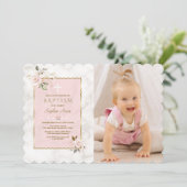 Charm Pink Blume Gold Girl Foto Taufe Einladung (Stehend Vorderseite)