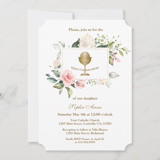 Charm Pink Blume Rahmen Mädchen erste heilige Komm Einladung (Vorderseite)