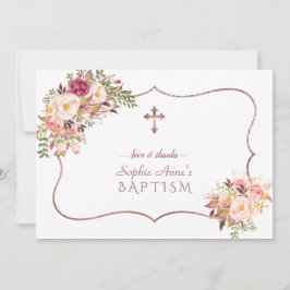 Charm Pink Blume Rose Gold Cross Taufen Dankeskarte