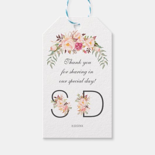 Charm Pink Blush Bloral Monogram Wedding Geschenkanhänger (Vorderseite)