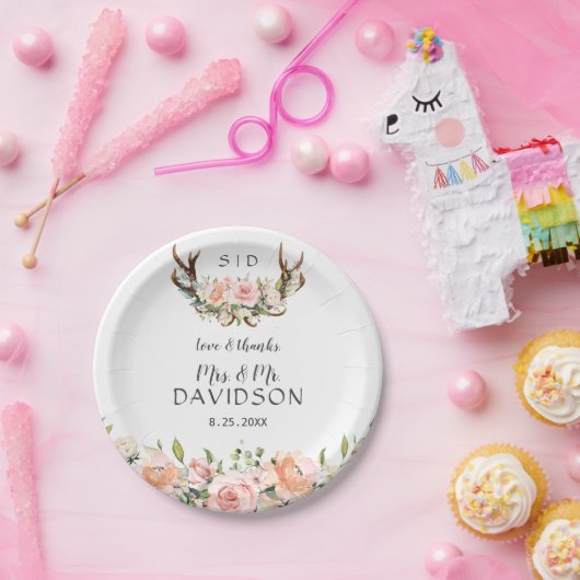 Charm Pink Blush Blume Antlers Monogram Wedding Pappteller (Party)