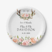 Charm Pink Blush Blume Antlers Monogram Wedding Pappteller (Vorderseite)