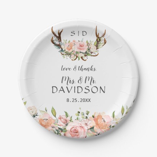 Charm Pink Blush Blume Antlers Monogram Wedding Pappteller (Vorderseite)