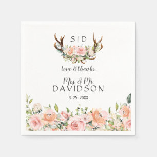 Charm Pink Blush Blume Antlers Monogram Wedding Serviette