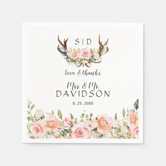 Charm Pink Blush Blume Antlers Monogram Wedding Serviette (Vorderseite)