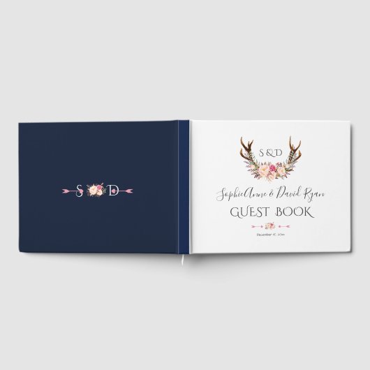 Charm Pink Blush Blume Antlers Wedding Gästebuch (Voll)