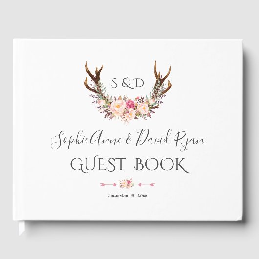 Charm Pink Blush Blume Antlers Wedding Gästebuch (Vorderseite)