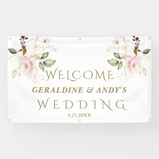 Charm Pink Blush Blume Goldene Hochzeit Begrüßungs Banner (Horizontal)
