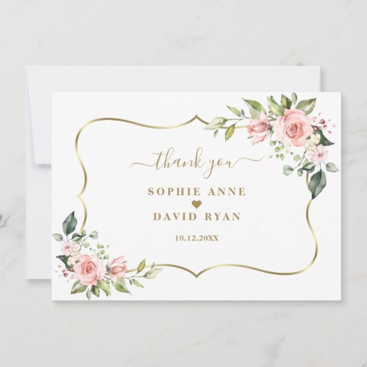 Charm Pink Blush Blume Goldrahmen Hochzeit Dankeskarte (Vorderseite)