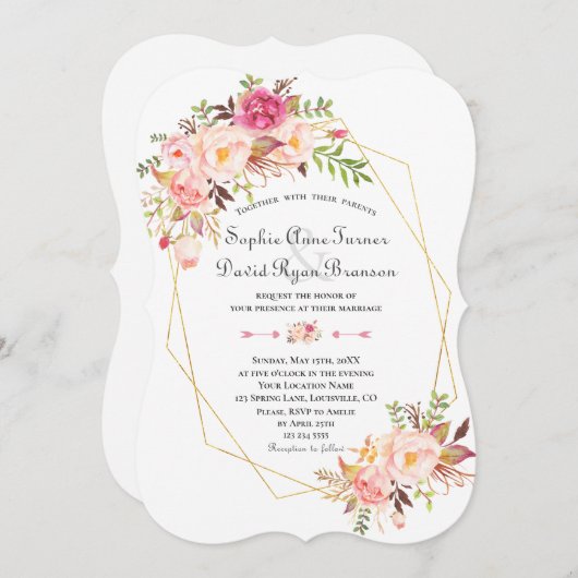 Charm Pink Blush Blume Goldrahmen Hochzeit Einladung (Vorne/Hinten)