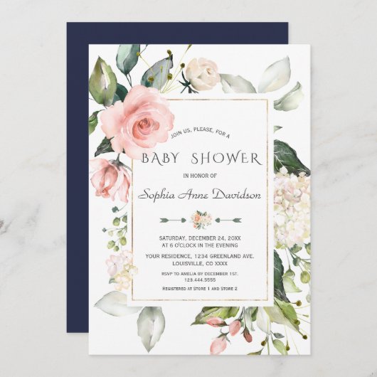 Charm Pink Blush Blume Rahmen Babydusche Einladung (Vorne/Hinten)