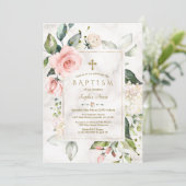 Charm Pink Blush Cream Bloral Marmor Gold Taufe Einladung (Stehend Vorderseite)