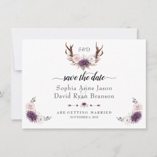 Charm Pink Blush Floral Antler Save the Date (Vorderseite)