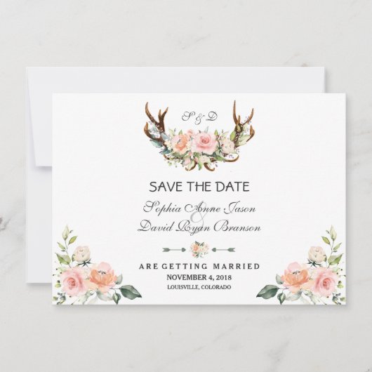 Charm Pink Blush Floral Antler Save the Date (Vorderseite)
