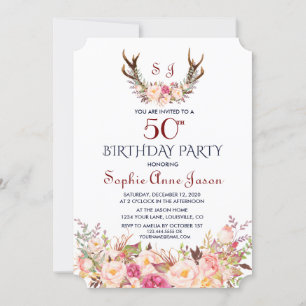 Charm Pink Blush Floral Antlers 50. Geburtstag Einladung