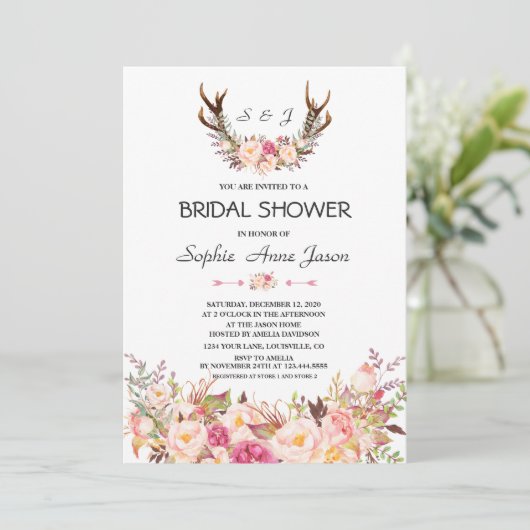 Charm Pink Blush Floral Antlers Brautparty Einladung (Stehend Vorderseite)