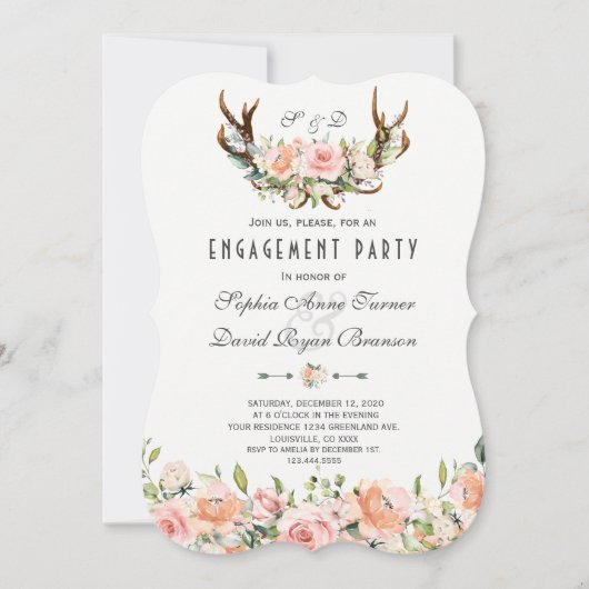 Charm Pink Blush Floral Antlers Engagement Party Einladung (Vorderseite)