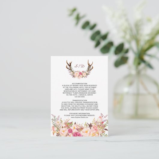 Charm Pink Blush Floral Antlers Wedding Details Begleitkarte (Stehend Vorderseite)