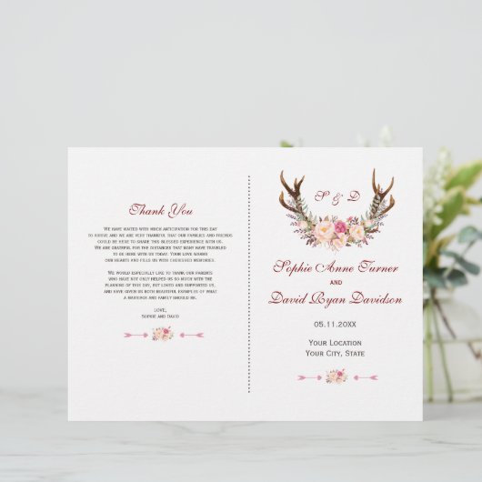 Charm Pink Blush Floral Antlers Wedding Programm (Stehend Vorderseite)
