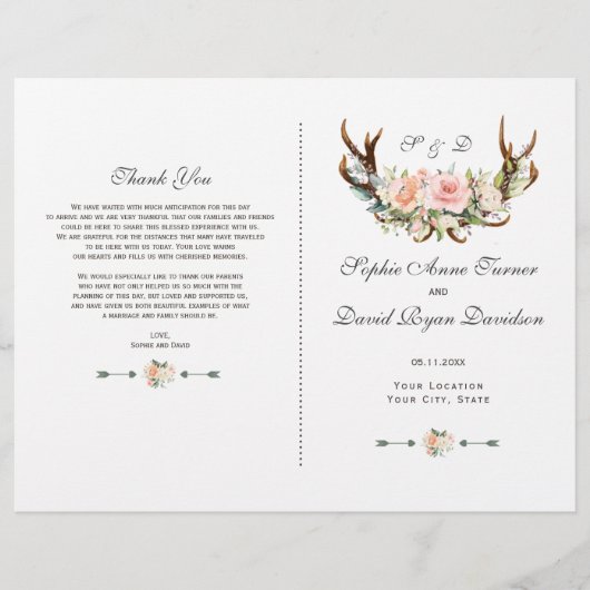 Charm Pink Blush Floral Antlers Wedding Programm (Vorderseite)