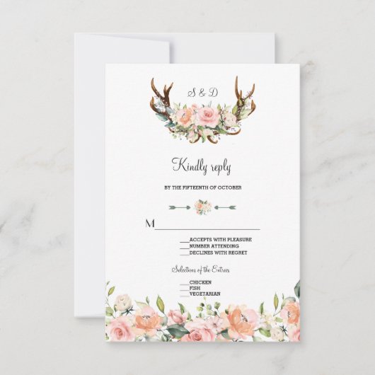 Charm Pink Blush Floral Antlers Wedding RSVP Karte (Vorderseite)