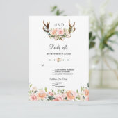 Charm Pink Blush Floral Antlers Wedding RSVP Karte (Stehend Vorderseite)