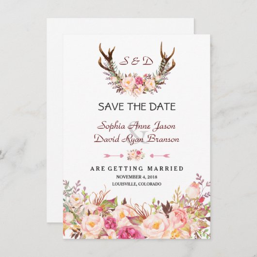 Charm Pink Blush Floral Antlers Wedding Save The Date (Vorne/Hinten)