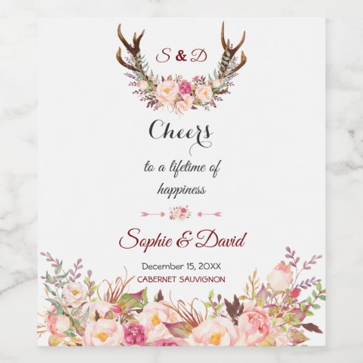 Charm Pink Blush Floral Antlers Wedding Weinetikett (Einzelnes Label)