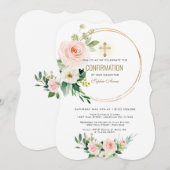 Charm Pink Blush Floral Gold Cross Bestätigung Einladung (Vorne/Hinten)