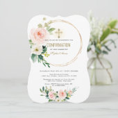 Charm Pink Blush Floral Gold Cross Bestätigung Einladung (Stehend Vorderseite)