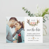 Charm Pink Cream Floral Antlers Foto Hochzeit Save The Date (Stehend Vorderseite)