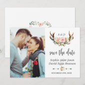 Charm Pink Cream Floral Antlers Foto Hochzeit Save The Date (Vorne/Hinten)