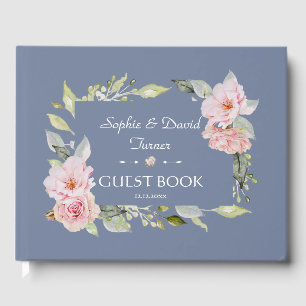 Charm Pink Floral Dusty Blue Wedding Gästebuch
