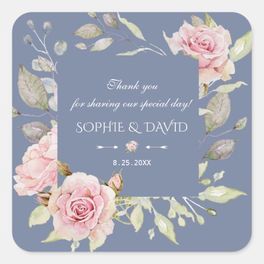 Charm Pink Floral Dusty Blue Wedding Quadratischer Aufkleber (Vorderseite)