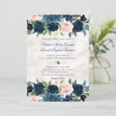 Charm Pink Navy Blumen Blütenmarmorne Hochzeit Einladung (Stehend Vorderseite)