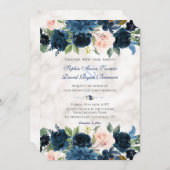 Charm Pink Navy Blumen Blütenmarmorne Hochzeit Einladung (Vorne/Hinten)