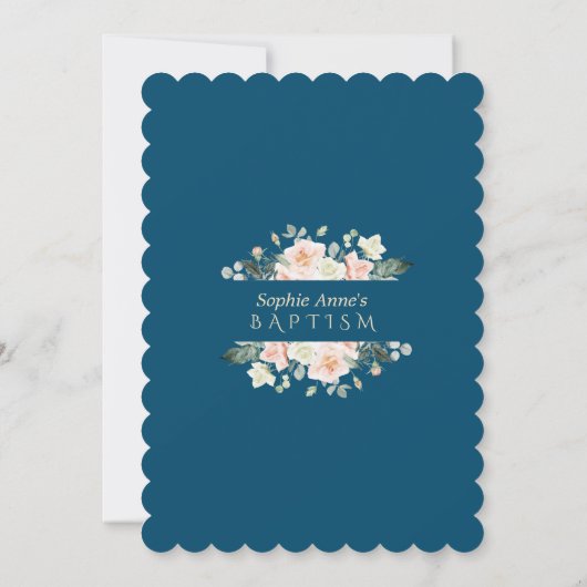 Charm Pink White Blume Blue Gold Girl Taufe Einladung (Rückseite)