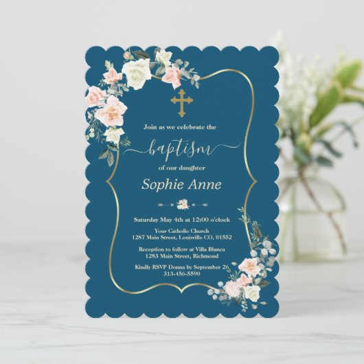 Charm Pink White Blume Blue Gold Girl Taufe Einladung (Stehend Vorderseite)