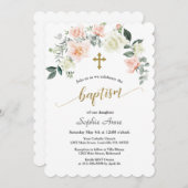 Charm Pink White Blume Gold Cross Taufen Einladung (Vorne/Hinten)