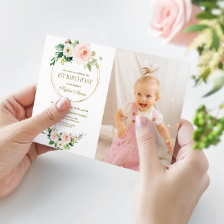 Charm Pink White Floral Girl Foto 1. Geburtstag Einladung