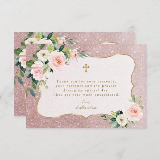 Charm Pink White Floral Rose Gold Glitzer Taufe Dankeskarte (Vorne/Hinten)