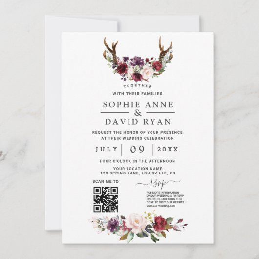 Charm QR Code Wasserfarben Blume Antler Hochzeit Einladung (Vorderseite)