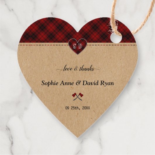 Charm Rustic Red Buffalo Kariert Monogram Wedding Geschenkanhänger (Rückseite)