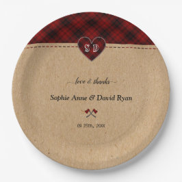 Charm Rustic Red Buffalo Kariert Monogram Wedding Pappteller
